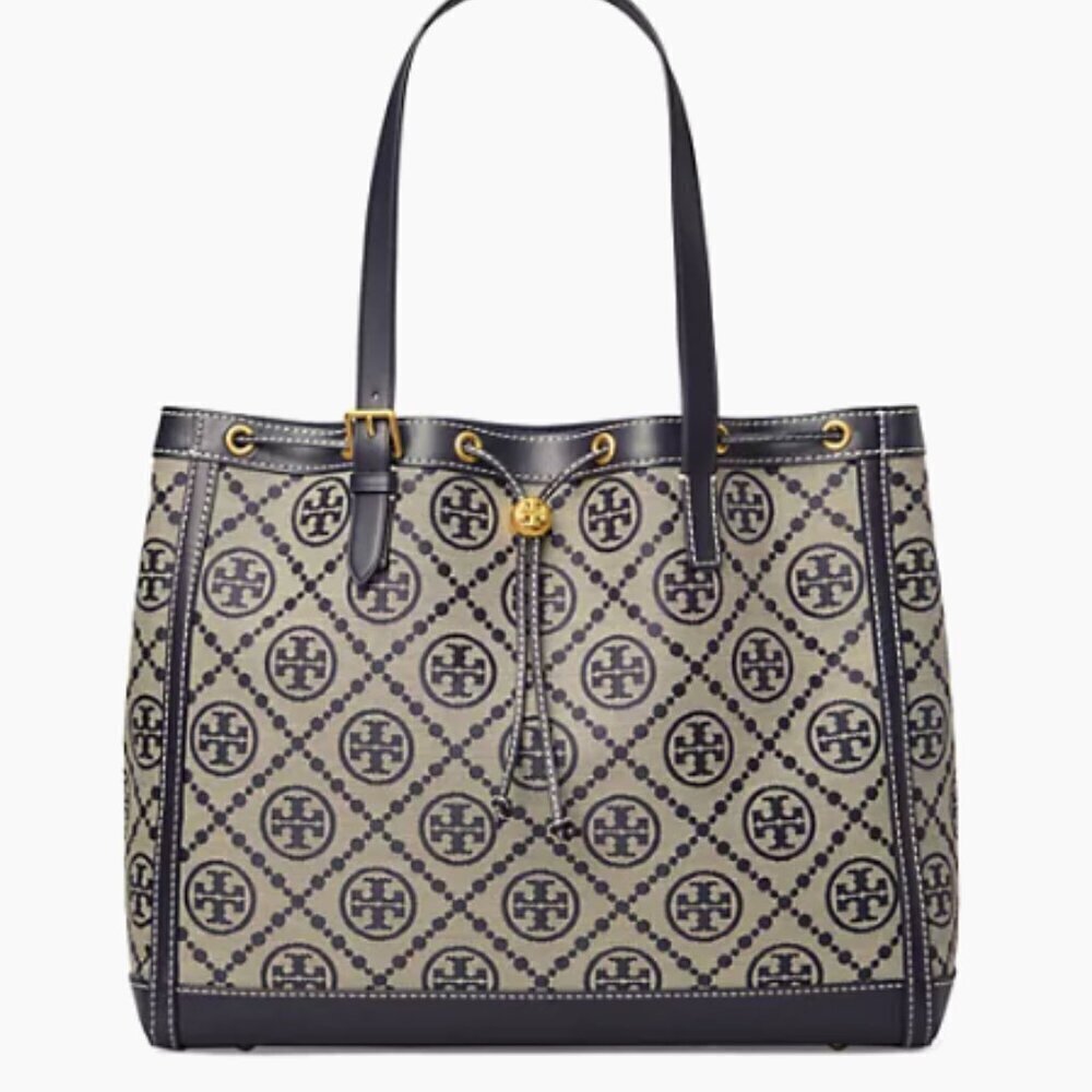 NEW! Tory Burch Jacquard Drawstring Tote -Large Navy NWT & dustbag - Picture 4 of 14